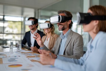 Business team wearing virtual reality headsets during a meeting, exploring immersive technology and innovation with charts and documents on the table