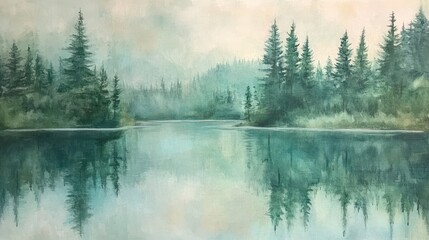 Misty Reflections of a Forest and Lake Depicted in Artistic Painting