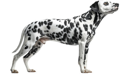 Elegant Dalmatian Dog Standing Profile View with Spotted Coat Isolated on White, cut out transparent