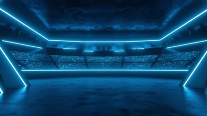 A blue neonlit arenalike structure with rows of seating and a concrete floor - Powered by Adobe