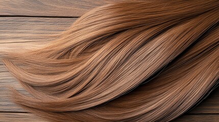 Fototapeta premium Natural brown hair extensions, arranged in neat layers, displayed on a rustic wooden base
