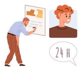 Man creating detailed notes on a board with sticky papers. Young boys portrait appears next to a 24-hour speech bubble. Ideal for brainstorming, planning, education, reminders, teamwork, schedules