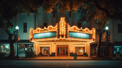 Vintage movie theater with brightly illuminated marquee lights at night, creating a nostalgic cinematic atmosphere on a quiet city street