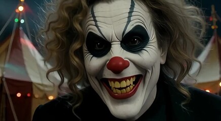 Creepy clown lurking near circus tent at night with scary grin for horror themed event