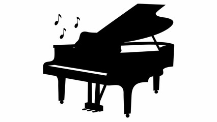 Silhouette of a grand piano with its lid open and musical notes floating above it on a white background