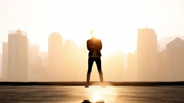 Visionary Standing: A silhouette of an assertive woman against the golden sun, embodying leadership, determination, and visionary thinking, with a cityscape background.