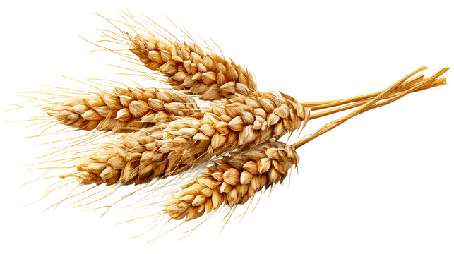 Golden wheat ears bundle with delicate strands on white, cut out transparent