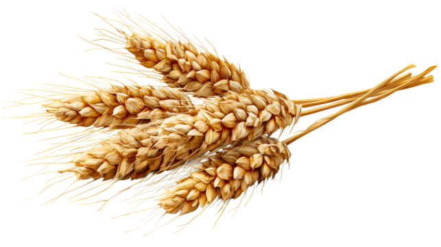 Golden wheat ears bundle with delicate strands on white, cut out transparent