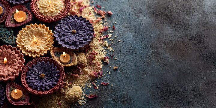Colorful decorative clay oil lamps with burning flames arranged in floral patterns on a textured surface with grains and petals for Diwali festival celebration