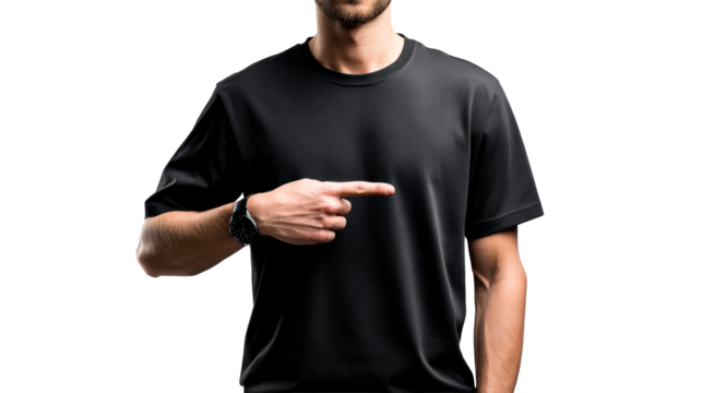 Man pointing at blank black t-shirt for customization, cut out transparent - Powered by Adobe