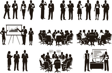Business meeting silhouette illustration, team discussion, office presentation, corporate planning, collaboration, professional teamwork, strategy session, and communication concept