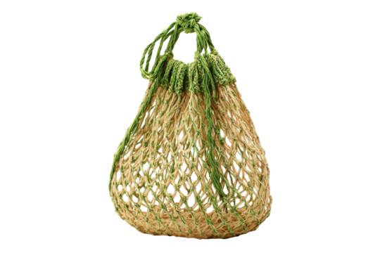 Green and Natural String Mesh Bag on Transparent Background
