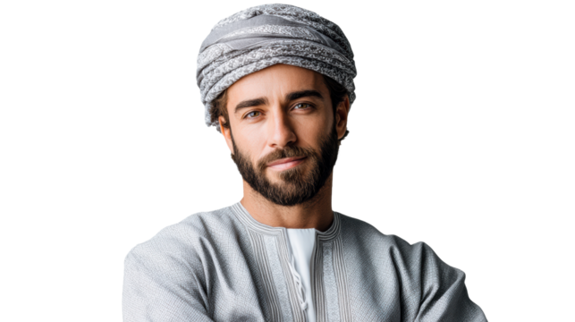 Man wearing traditional Arab thobe and turban with intricate patterns, cut out transparent - Powered by Adobe