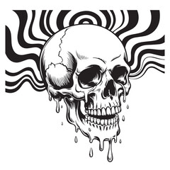 Psychedelic melting skull black and white illustration for tattoo, gothic, horror, and dark art