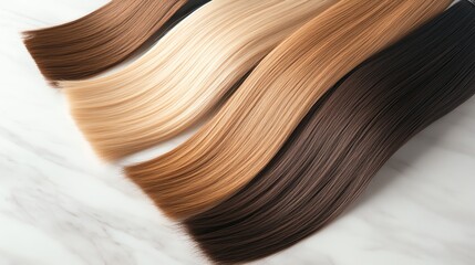 Fototapeta premium Straight human hair extensions, deep auburn tones, arranged in a sleek pattern on a marble counter