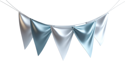 Party pennants of alternating silver and teal fabric strung on a wire, cut out transparent