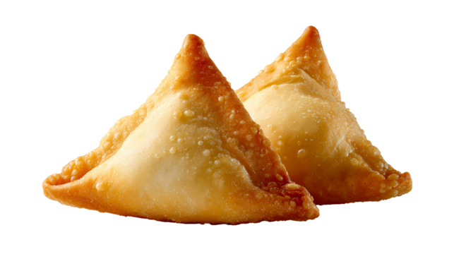 Two Golden Fried Samosas with Water Droplets on White Background, cut out transparent - Powered by Adobe