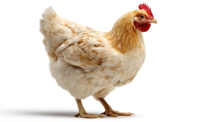 A chicken standing. The chicken is a symbol of farm life. It has feathers, a comb, a beak, and two legs. The background is empty, highlighting the chicken.