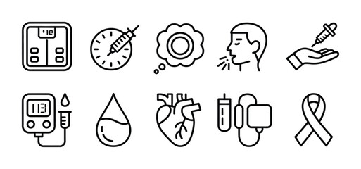 Diabetes and health related icons representing medical conditions and treatment options available now vector