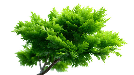 Fototapeta premium Lush green cypress branches with textured bark against a white background, cut out transparent