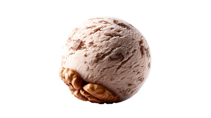 Scoop of Neapolitan ice cream with chocolate swirl and walnut halves, cut out transparent