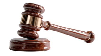 Wooden gavel with brass band on white background, cut out transparent