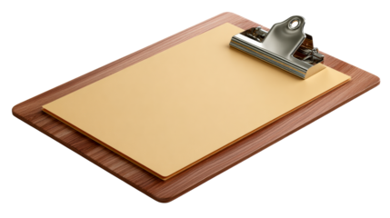Wooden clipboard with blank yellow paper and metal clip, cut out transparent