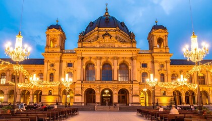 Obraz premium Grand building at twilight, adorned with lights