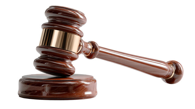 Wooden gavel with brass band on white background, cut out transparent