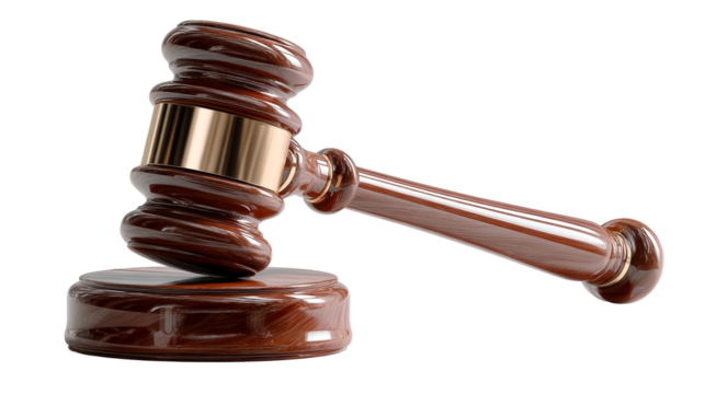 Wooden gavel with brass band on white background, cut out transparent