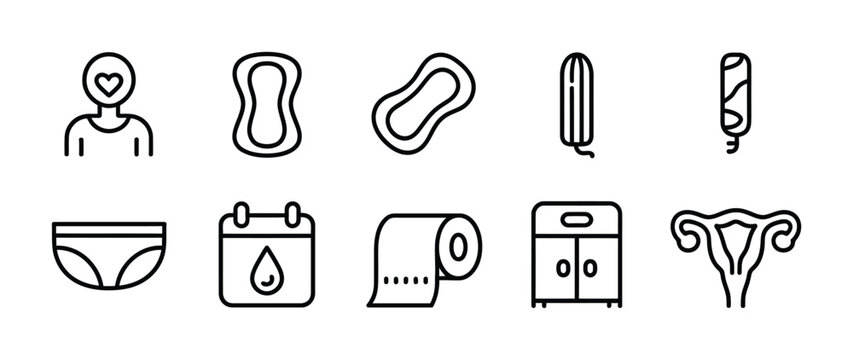 Menstruation and feminine hygiene icons representing period related products and body parts line art vector