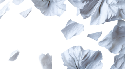 Abstract composition of crumpled white paper fragments with textured surface, cut out transparent