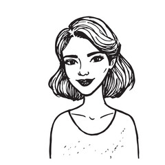 Beautiful Woman Doodle Black and White Illustration Fashion Girl Portrait Line Art Sketch Vector