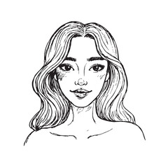 Beautiful Woman Doodle Black and White Illustration Fashion Girl Portrait Line Art Sketch Vector