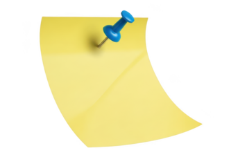 Yellow sticky note with blue pin isolated on transparent background