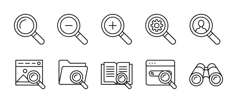 Collection of search and discovery icons representing various search and exploration tools vector
