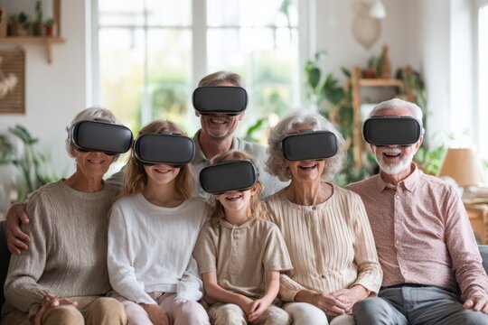 Happy multi-generational family sitting together indoors wearing virtual reality headsets, smiling and enjoying immersive digital experience in a cozy home setting