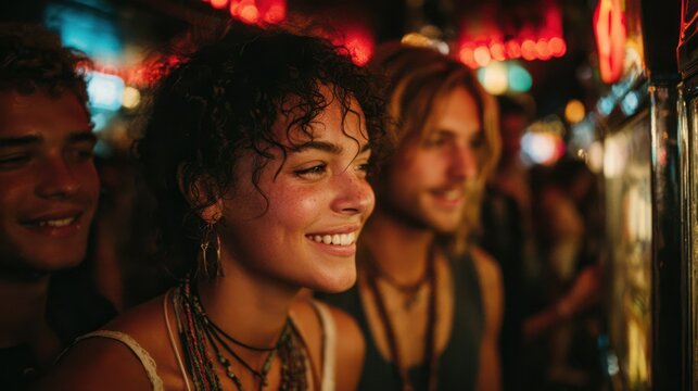 Young friends smiling and enjoying themselves at night in a lively bar or club with colorful lights, creating a warm and vibrant social atmosphere