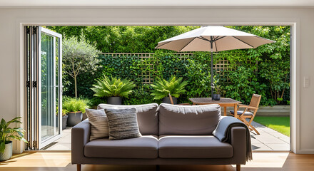 Modern Living Room with BiFold Doors Opening to Lush Green Garden and Patio.