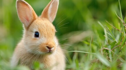 A cute bunny in a grassy environment, ears alert
