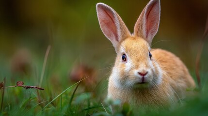 Fototapeta premium A curious rabbit exploring in its natural environment, the bunny has long ears, light brown fur and a calm expression.