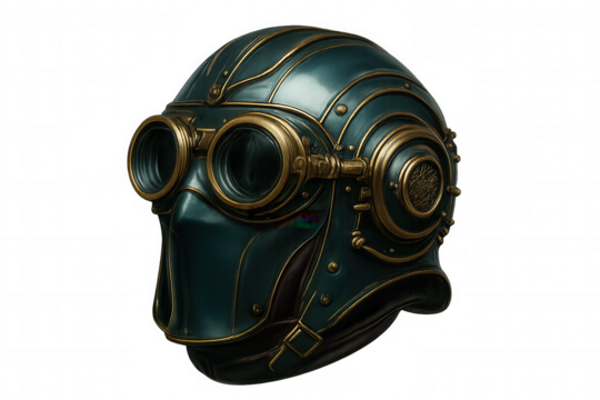 Intricate steampunk headgear with prominent brass-rimmed goggles, highlighting vintage sci-fi design elements and retrofuturistic aesthetic