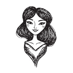 Beautiful Woman Doodle Black and White Illustration Fashion Girl Portrait Line Art Sketch Vector