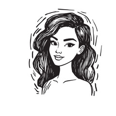 Beautiful Woman Doodle Black and White Illustration Fashion Girl Portrait Line Art Sketch Vector