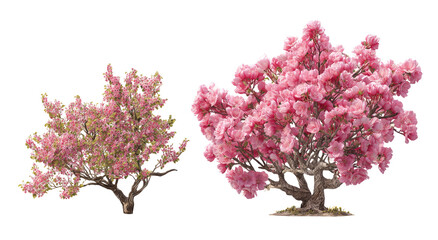 Fototapeta premium Two pink flowering trees, one smaller than the other, with a spring-like aesthetic