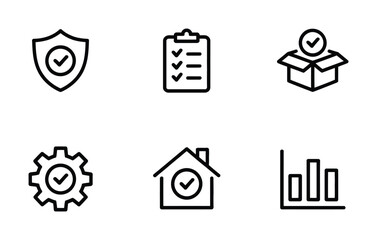 Black outline icons representing business and security concepts with check marks inside them Vector
