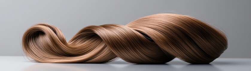 Fototapeta premium Textured curly extensions, deep chocolate brown, coiled into a heart shape on a reflective base