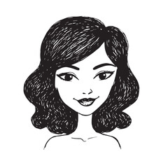 Beautiful Woman Doodle Black and White Illustration Fashion Girl Portrait Line Art Sketch Vector