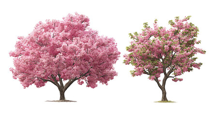 Two blossoming trees, one vibrant pink, one pale green-pink