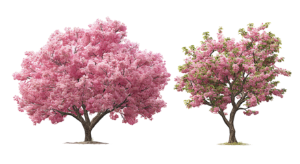 Two blossoming trees, one vibrant pink, one pale green-pink